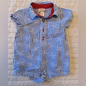 Blue striped one piece with stars in background and red color